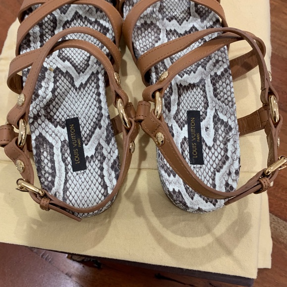 Louis Vuitton Python Sandals tan brown 36 6 snakeskin leather LV gold logo strap - Picture 5 of 16